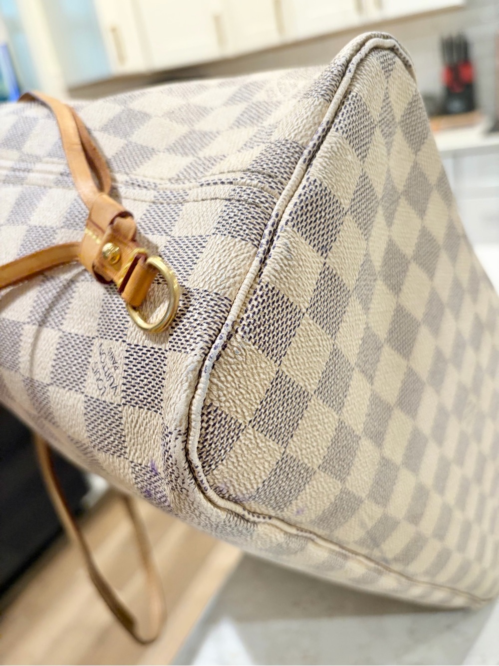 LV Canvas tote bag Checkered Damier Azur 'Neverfull MM' Authentic COA - Picture 15 of 17